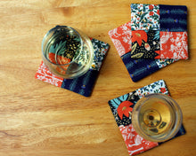 Load image into Gallery viewer, Wine Glass Coaster Set Rifle Paper Co, floral gold orange blue, set of 2, beverage coasters, cloth coasters, handcrafted cotton coasters
