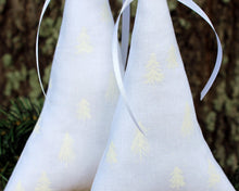 Load image into Gallery viewer, White Small Christmas Tree, shelf and table decor, centerpiece decor, white embossed holiday trees, white satin ribbon, farmhouse, wedding