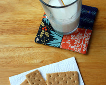 Load image into Gallery viewer, Wine Glass Coaster Set Rifle Paper Co, floral gold orange blue, set of 2, beverage coasters, cloth coasters, handcrafted cotton coasters