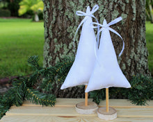 Load image into Gallery viewer, White Small Christmas Tree, shelf and table decor, centerpiece decor, white embossed holiday trees, white satin ribbon, farmhouse, wedding