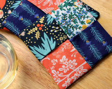 Load image into Gallery viewer, Wine Glass Coaster Set Rifle Paper Co, floral gold orange blue, set of 2, beverage coasters, cloth coasters, handcrafted cotton coasters