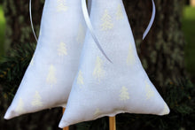 Load image into Gallery viewer, White Small Christmas Tree, shelf and table decor, centerpiece decor, white embossed holiday trees, white satin ribbon, farmhouse, wedding