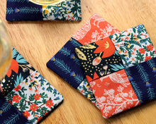 Load image into Gallery viewer, Wine Glass Coaster Set Rifle Paper Co, floral gold orange blue, set of 2, beverage coasters, cloth coasters, handcrafted cotton coasters