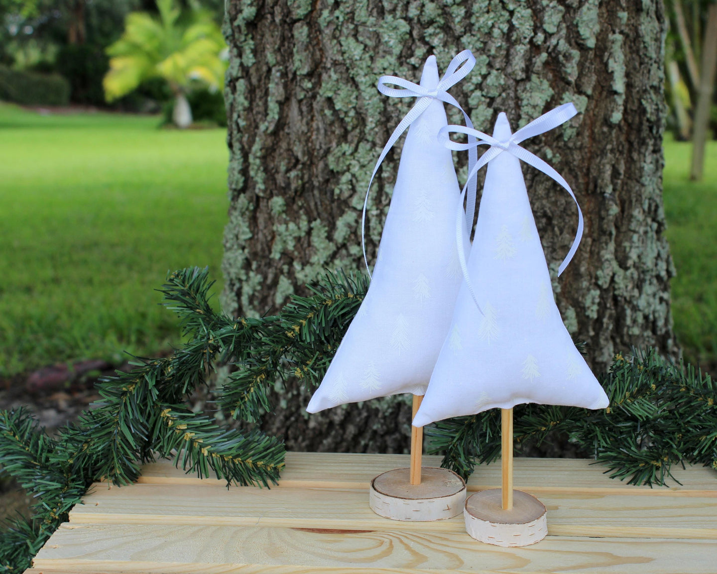 White Small Christmas Tree, shelf and table decor, centerpiece decor, white embossed holiday trees, white satin ribbon, farmhouse, wedding