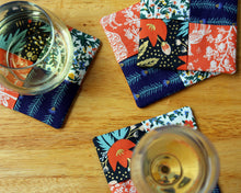 Load image into Gallery viewer, Wine Glass Coaster Set Rifle Paper Co, floral gold orange blue, set of 2, beverage coasters, cloth coasters, handcrafted cotton coasters
