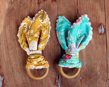 Load image into Gallery viewer, Gold Floral and Blue Floral Bunny Teethers
