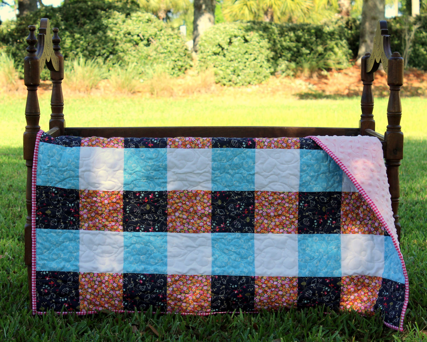 Pink Blue Floral Baby Quilt